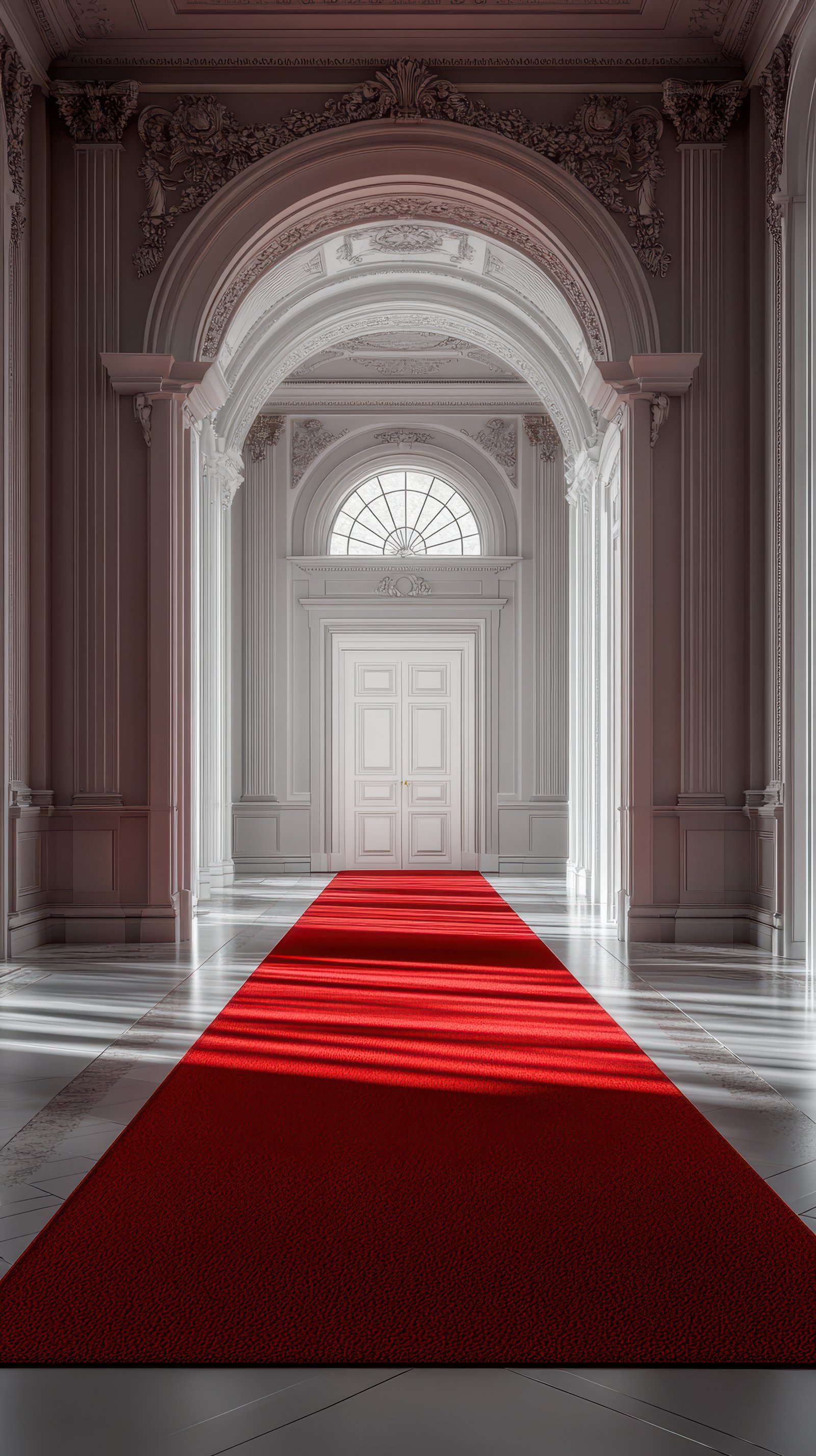Elegant red carpet leading to a grand door in a classical architectural setting with natural light